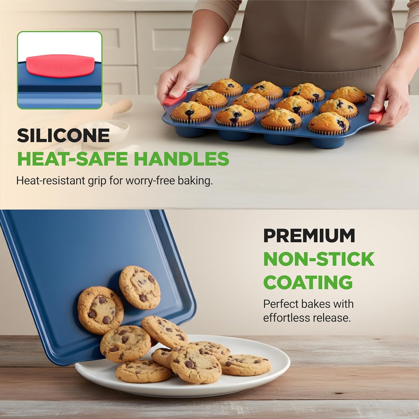 NutriChef 10-Piece Nonstick Bakeware Set | Premium Carbon Steel Pans with Silicone Handles - Blue
