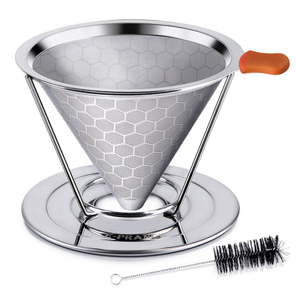 E-PRANCE Pour Over Coffee Dripper, Stainless Steel Coffee Filter Reusable Pour Over Coffee Filter Cone Coffee Dripper with Removable Cup Stand and Bonus Brush