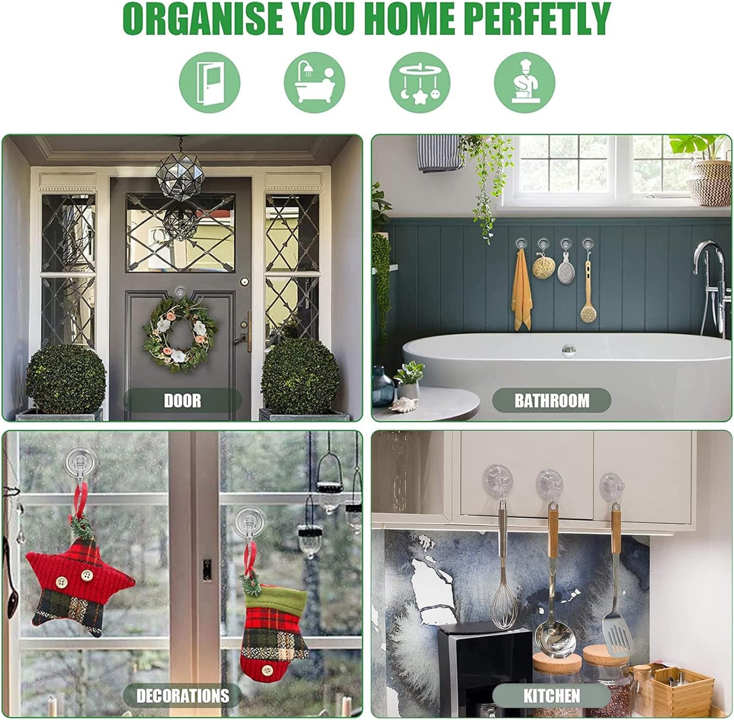 Skiennix Suction Cup Hooks - Heavy Duty Clear Design for Shower & Wreath Hangers | 4 Pack