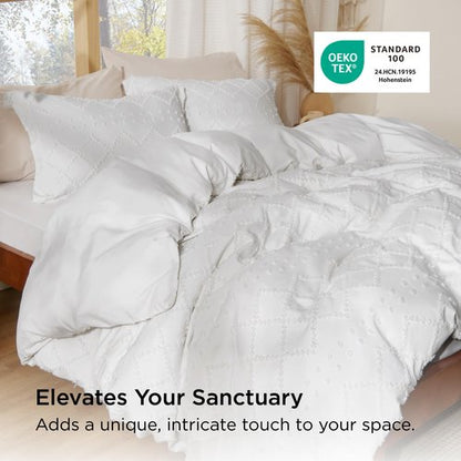 Bedsure Boho Duvet Cover Queen Size - White Breathable & Soft Boho Bedding, Machine Washable Comforter Cover for All Seasons, Includes 1 Duvet Cover 90"x90" with 2 Pillow Shams & Zipper Closure