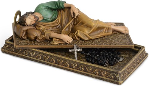 Buildclassic Saint Joseph Sleeping Statue - Hand-Painted Religious Decor with Metal Halo & Prayer Card Holder | 8.8" L, Dark Full Color