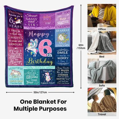Solzien 6 Year Old Girl Birthday Gift Ideas Blanket 60"x50", Gifts for 6 Year Old Girl/Daughter/Granddaughter/Niece, 6th Birthday Decorations