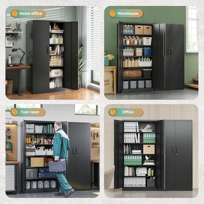 Letaya Metal Garage Storage Cabinets - 72" Tall Tool Organizer with Lock | 5 Adjustable Shelves, Black