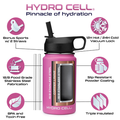 HYDRO CELL Stainless Steel Insulated Water Bottle with Straw - For Cold & Hot Drinks - Metal Vacuum Flask with Screw Cap and Modern Leakproof Sport Thermos for Kids & Adults (Fuchsia 14oz)