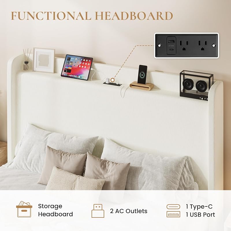 Queen Bed Frame with Chenille Storage Headboard and USB Ports - White (Variation: White+Queen)