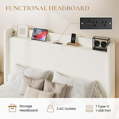 Queen Bed Frame with Chenille Storage Headboard and USB Ports - White (Variation: White+Queen)