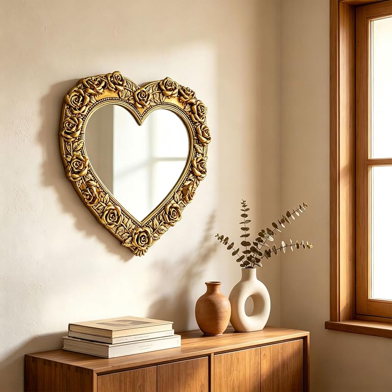 Antique Gold Heart Mirror with Rose Frame – Wall Decor 13 x 12.2 inches