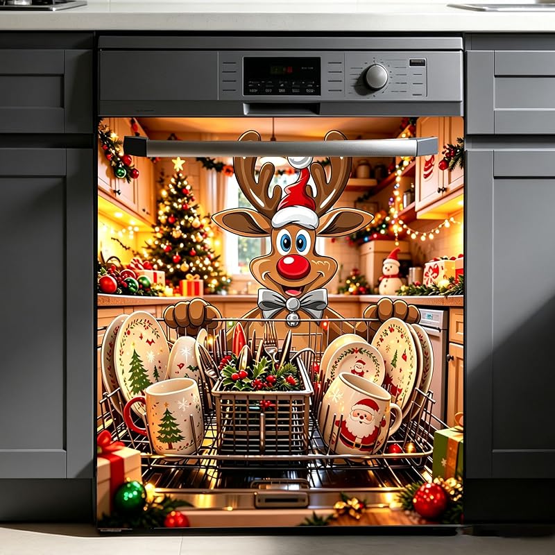 New Christmas Reindeer Dishwasher Door Sticker - Waterproof Vinyl Decal (Variation: New+Christmas Reindeer)