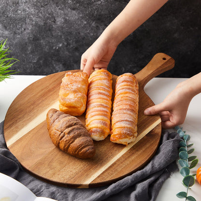 Sliner 6 Pcs Acacia Wood Cutting Board Bulk 0.6 Inch Thick Round Charcuterie Board with Handle Large Wooden Chopping Paddle for Cutting Pizza Cheese Meat Fruit(12 x 16 Inch)