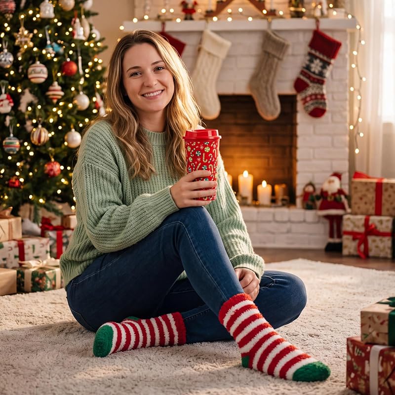 Bulk Christmas Gift Set - 12 Pairs Socks, 12 Mugs, 12 Cards, 20 Gift Bags & Ribbon (12+ Candy Cane)