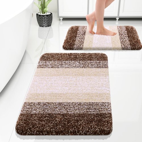 OLANLY Bathroom Rug Set 2 Piece, Soft Absorbent Microfiber Bath Rug Set, Non-Slip, Machine Wash Dry, Plush Shaggy Bath Mats for Bathroom (30"x20"+24"x16", Brown)