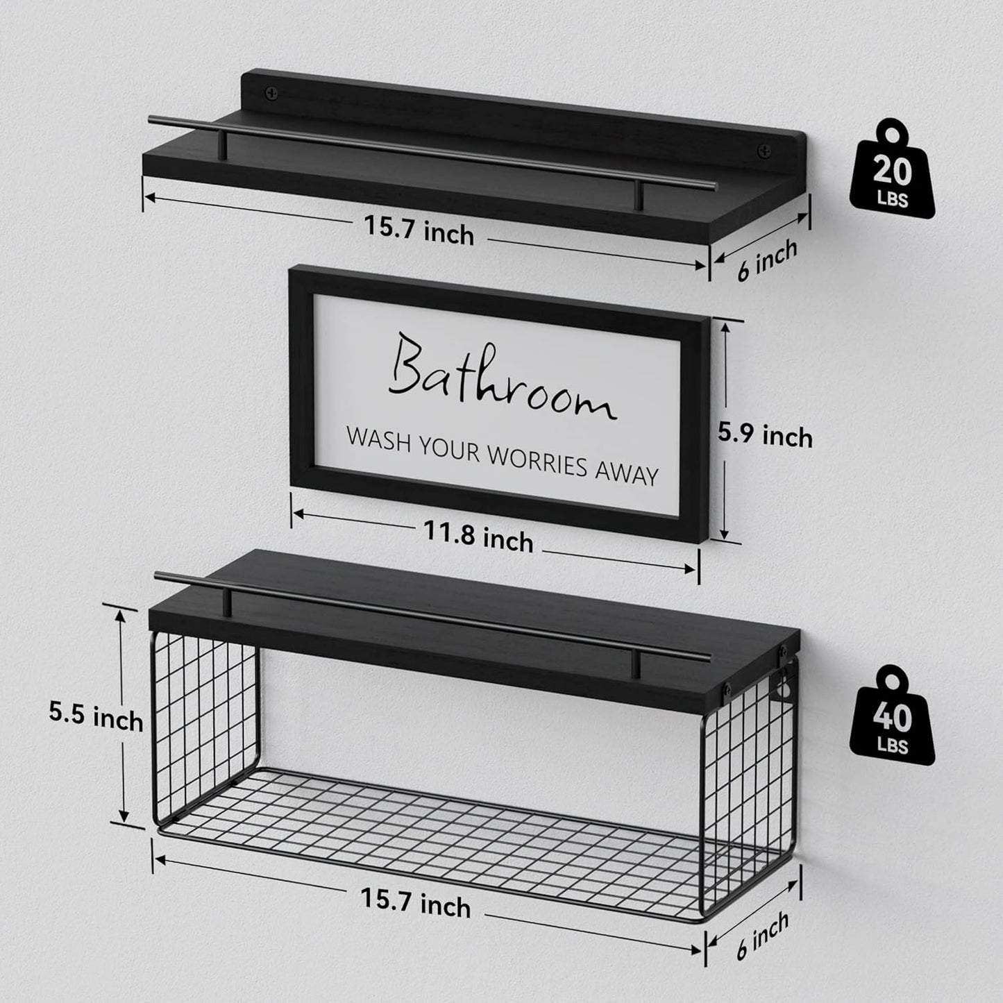 WOPITUES Floating Wall Shelves - Stylish Bathroom Organizers with Metal Guardrail | Black Finish