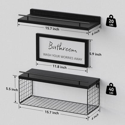WOPITUES Floating Wall Shelves - Stylish Bathroom Organizers with Metal Guardrail | Black Finish