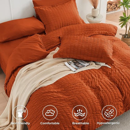 HYMOKEGE Burnt Orange Twin XL Comforter Set Seersucker 5 Pieces, All Season Luxury Bed in a Bag for Bedroom, Bedding Set with Comforter, Sheets, Pillowcase & Sham