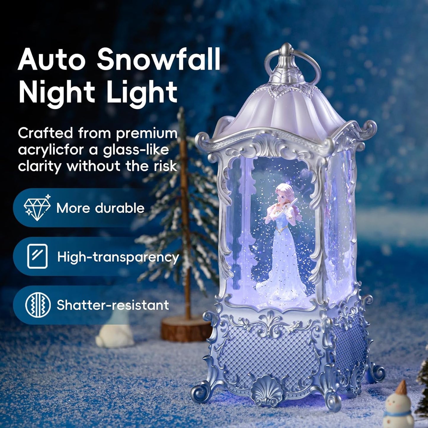 Snow Globe Lantern with Violin Girl - Shatterproof Glitter Music Box with LED Light | USB/Battery Powered, Perfect for Girls' Birthdays and Home Decor
