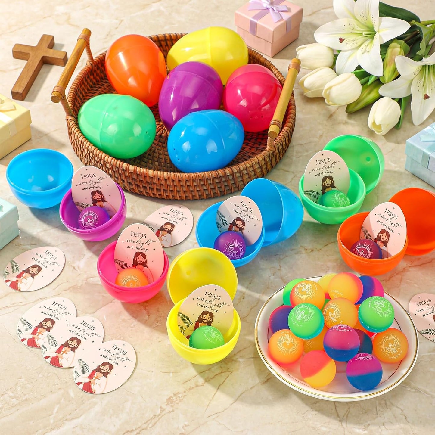 Wettarn 36-Piece Christian Easter Egg Set - Jesus is the Light Bouncy Balls & Cards for Basket Stuffers