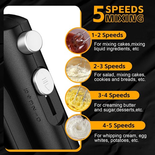 Lord Eagle 5-Speed Hand Mixer - 300W Compact Electric Mixer with 5 Attachments & Storage Bag | Lightweight Black Design for Baking
