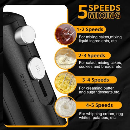 Lord Eagle 5-Speed Hand Mixer - 300W Compact Electric Mixer with 5 Attachments & Storage Bag | Lightweight Black Design for Baking