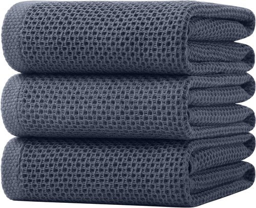 Homaxy Kitchen Dish Towels - 100% Cotton Oversized Waffle Weave, Ultra Soft & Absorbent, 3-Pack | Dark Grey, 20 x 28 Inches