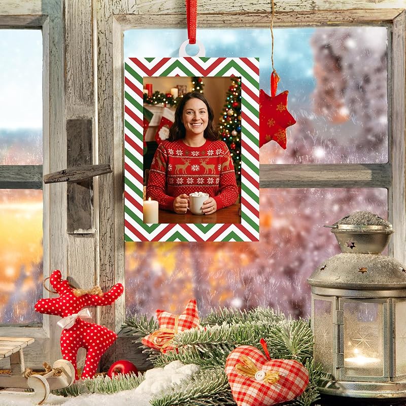 4 x 6 Inch Christmas Photo Frame - Striped Wooden Tabletop Ornament (Variation: Christmas Striped)