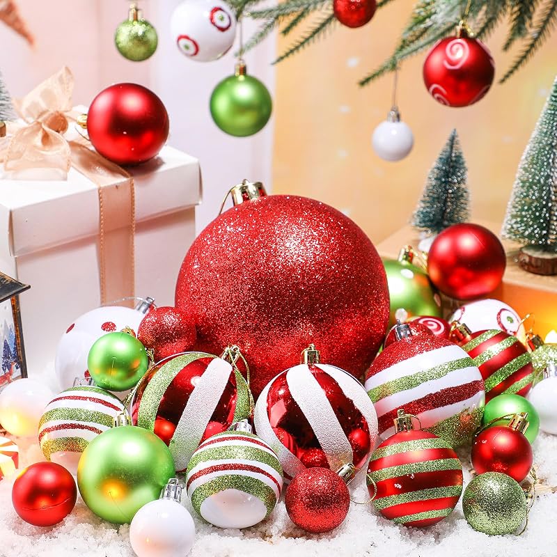 Christmas Ball Ornaments Set - 36 Pcs Red & Green, Glitter & Swirl Design