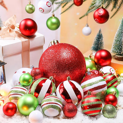 Christmas Ball Ornaments Set - 36 Pcs Red & Green, Glitter & Swirl Design