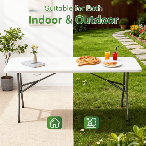 FDW 6 Foot Folding Table, Portable Plastic Table with Carrying Handle Perfect for Indoor, Outdoor, Party, Dining, Wedding, Events, Camping, White