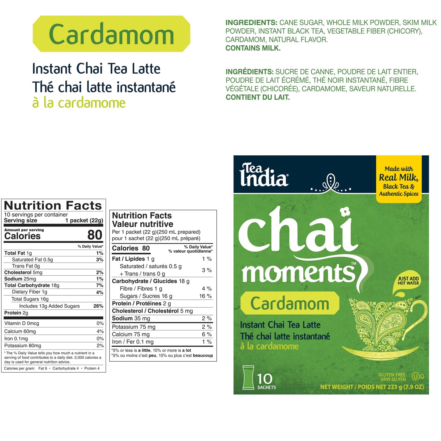 Tea India Chai Moments Cardamom Chai Tea Instant Latte Mix Flavorful Blend Of Premium Black Tea, Cardamom & Natural Ingredients Traditional Indian Caffeinated Tea Individually wrapped 10 Sachets