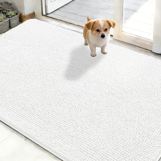 OLANLY Dog Door Mat - Absorbent Non-Slip Chenille Mat for Muddy Paws | 48x30 Inches, Quick Dry, White