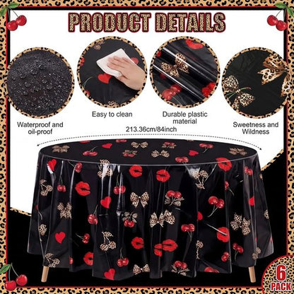 Ganeen 6 Pcs Cheetah Cherry Plastic Tablecloths - 84 Inch Red & Black Leopard Design for Parties & Events