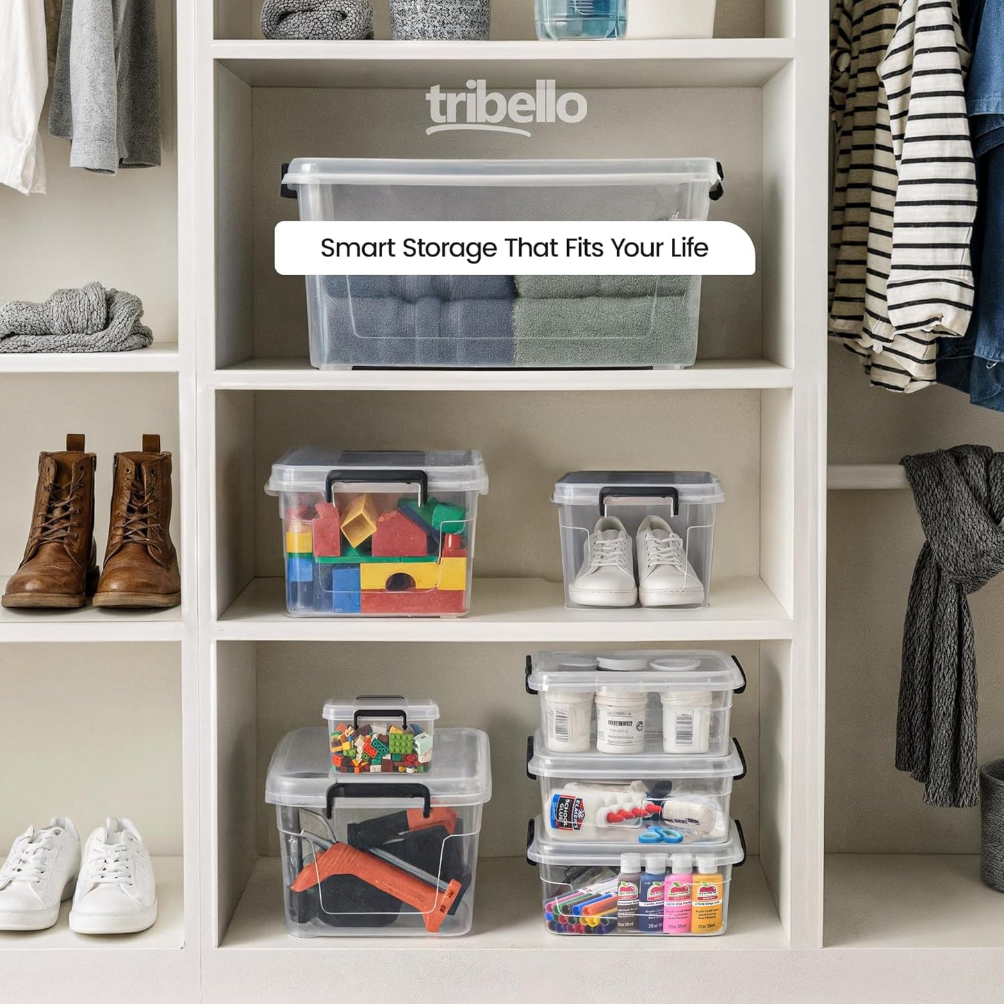 Tribello Clear Plastic Storage Bins with Lids - Stackable 21 Qt Containers for Organized Spaces
