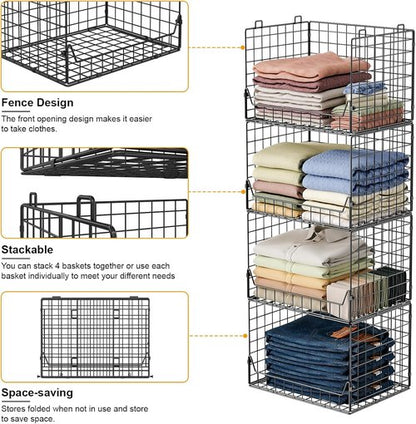 Jakyitvi 4-Tier Stackable Closet Organizer - Foldable Storage Bins for Clothes & Accessories - Sturdy Black Iron Mesh Shelves
