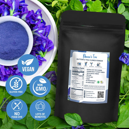 KHWAN'S TEA Butterfly Pea Flower Powder Extract, Culinary Grade Natural Food Coloring Blue Matcha Powder Tea, 3.5 Oz