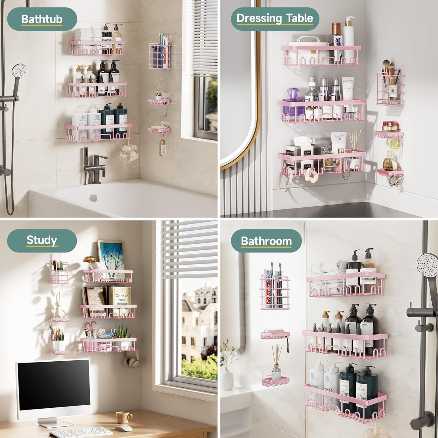 Veken Shower Caddy - Large Capacity 6-Pack, Rustproof & No Drilling | Adhesive Bathroom Organizers - Pink