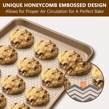 Wildone Baking Sheet Pan Set - Nonstick Honeycomb Embossed Cookie Sheets | 15x10 In, Champagne Gold, 2 Pack