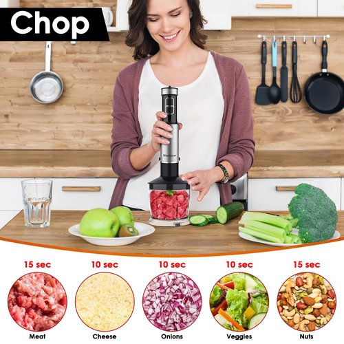 Immersion Blender Handheld for Kitchen,Emulsion Blender Handheld with Titanium Blades,12 Speed Electric Hand Mixer with BPA Free Attachments:Chopper Bowl,Whisk,Milk Frother,Measuring Cup