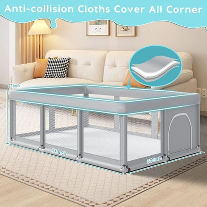Fshibila Large Baby Playpen - Sturdy Safety Playard with Soft Mesh | 74" x 50", Grey for Indoor & Outdoor Use