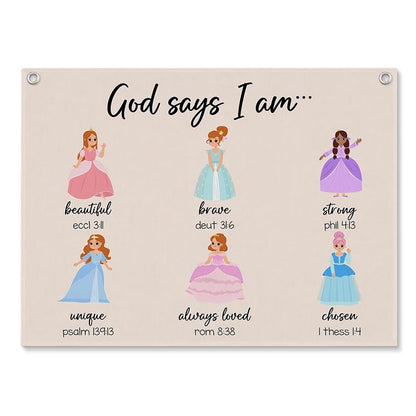 Says I Am Princess Banner Wall Decor for Girls Room - Hanging Flag with Bible Verse, 20x28 in (Variation of THIS listing: Says I Am-1)