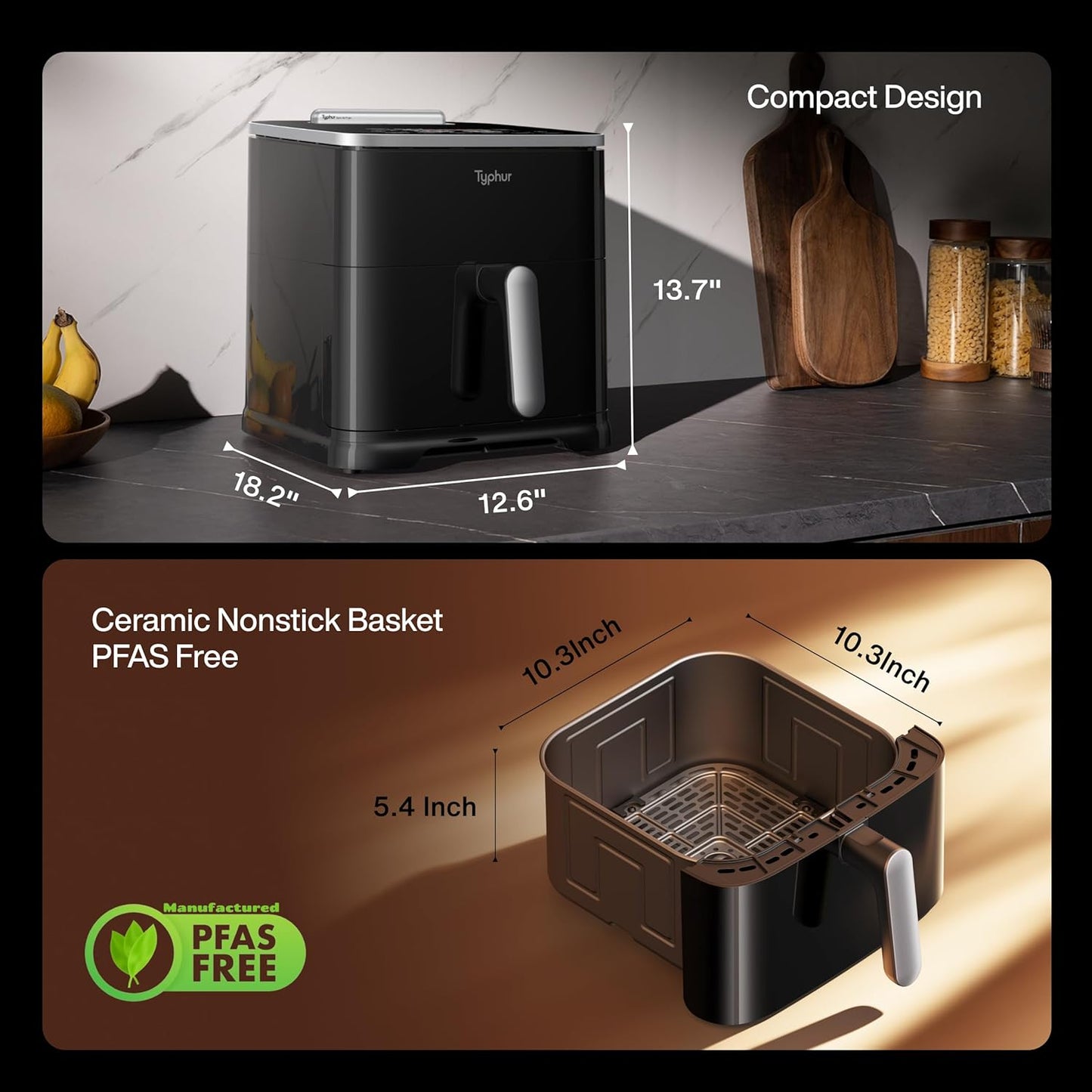 Typhur Sync 8QT AI Smart Air Fryer - 9-in-1 Non-Toxic Ceramic with Wireless Thermometer | Cooks 6lb Chicken
