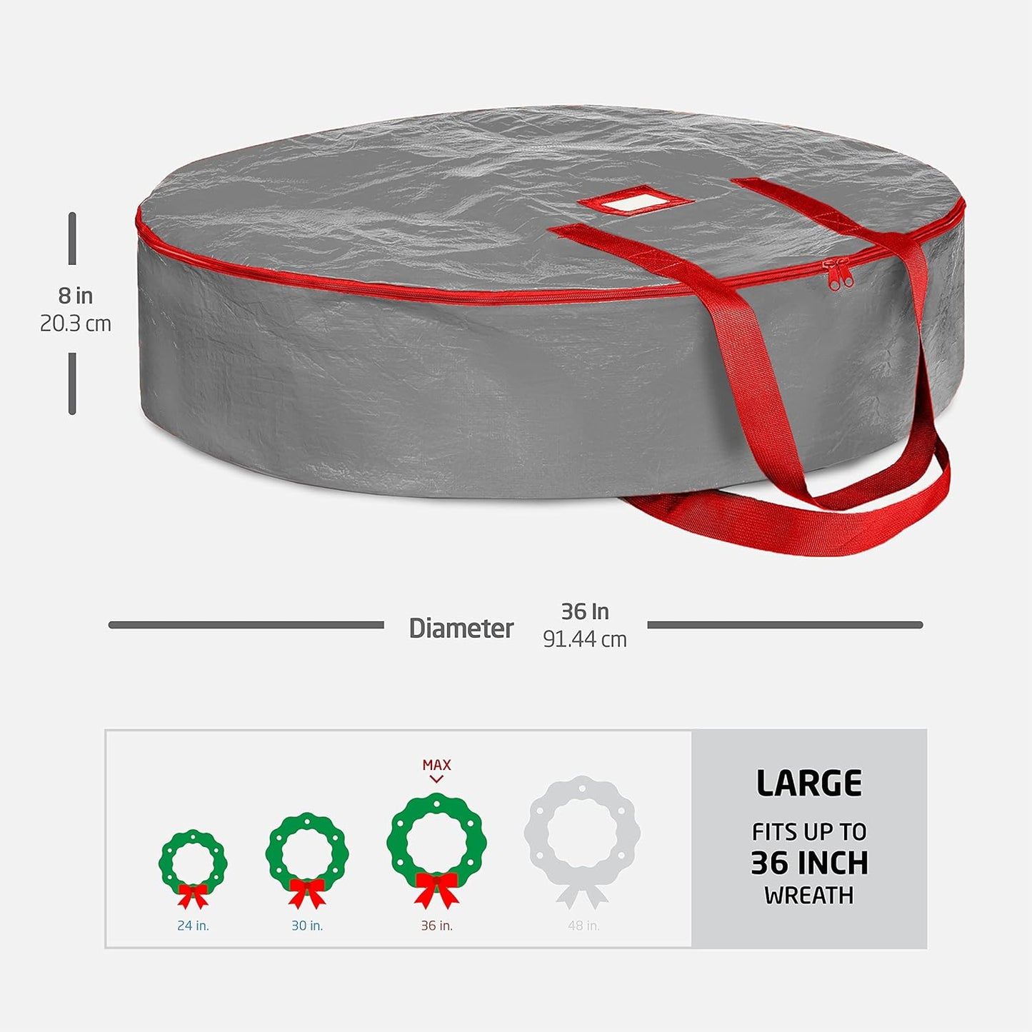 ZOBER Wreath Storage Bag - 36 Inch Durable Container for Artificial Wreaths - Gray with Dual Zippers