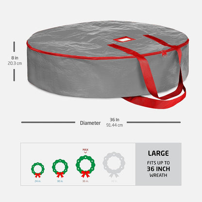 ZOBER Wreath Storage Bag - 36 Inch Durable Container for Artificial Wreaths - Gray with Dual Zippers