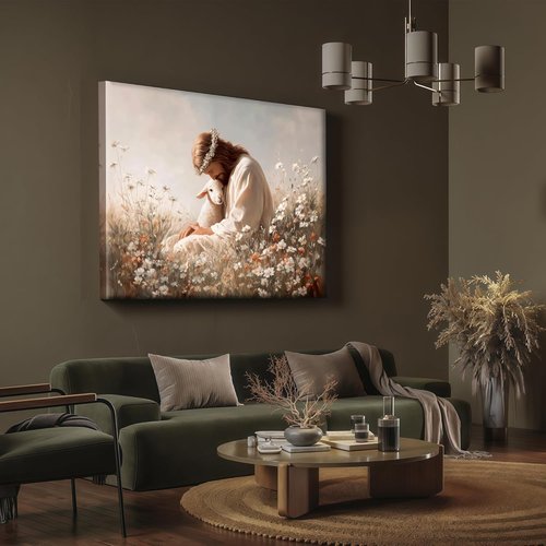 Jesus and the Lamb Canvas Wall Art - Christian Decor with Framed Religious Imagery for Home