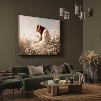 Jesus and the Lamb Canvas Wall Art - Christian Decor with Framed Religious Imagery for Home