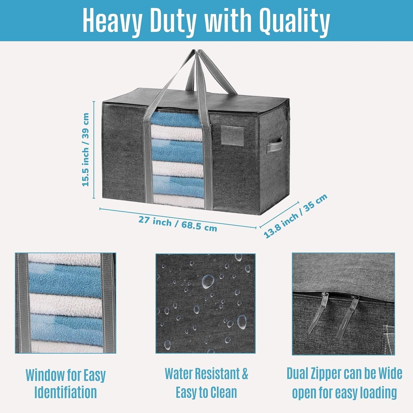VENO Moving Bags - Extra Large Heavy-Duty Storage Bins with Clear Window & Zippers | Dark Gray, 2 Pack