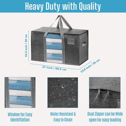 VENO Moving Bags - Extra Large Heavy-Duty Storage Bins with Clear Window & Zippers | Dark Gray, 2 Pack