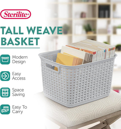 Sterilite Tall Weave Storage Baskets - 6-Pack Woven Plastic Organizers in Cement Gray for Home & Dorm Use