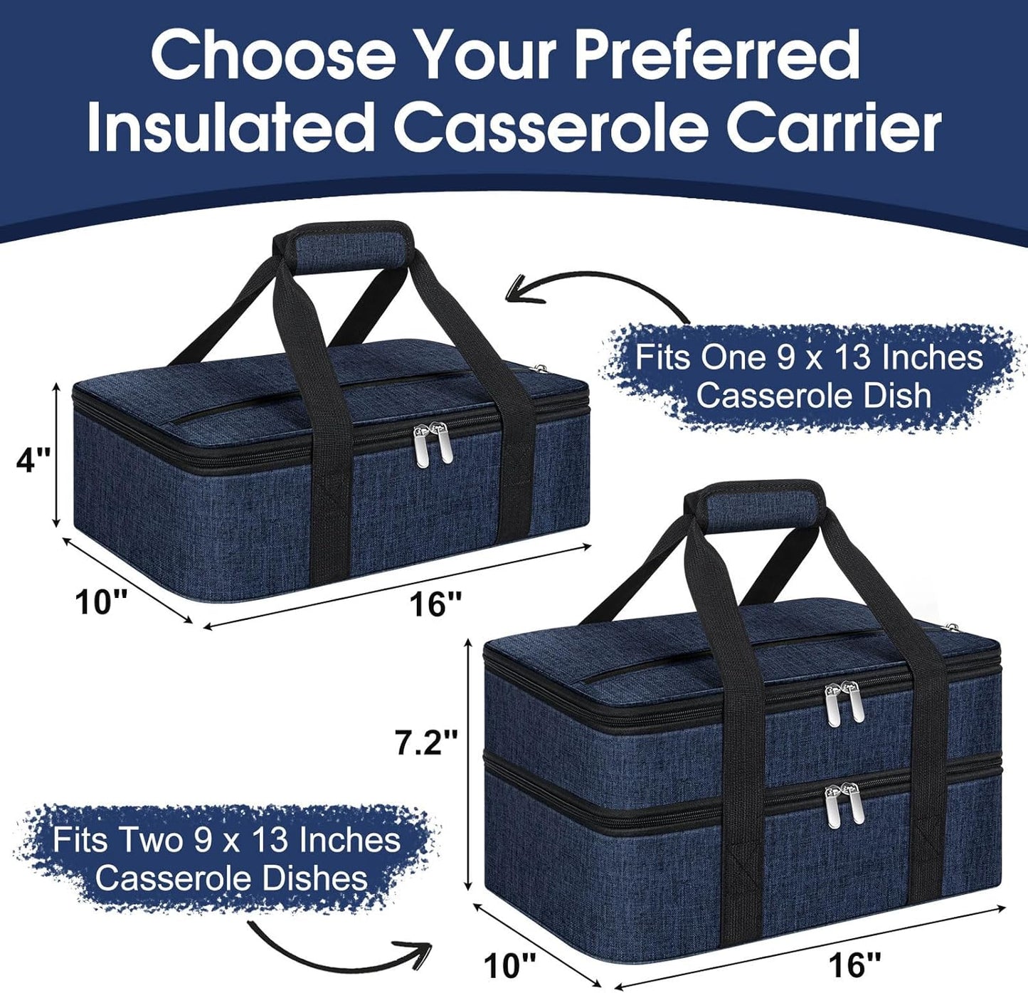 Skiennix Insulated Casserole Carrier - Portable Hot/Cold Food Tote for Potluck | Fits 9" x 13" Dish - Navy Blue