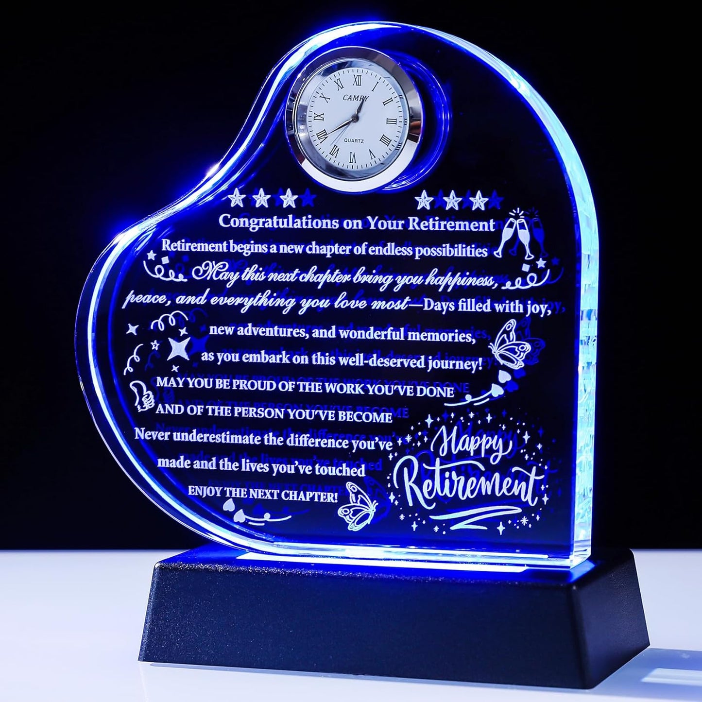 YWHL Retirement Gifts for Men Women 2025 Happy Retirement Gifts with LED Base Crystal Heart Farewell Retired Plaque Keepsakes Gift for Retiree Teacher Police Firefighter Nurse Coworker Doctor Friends