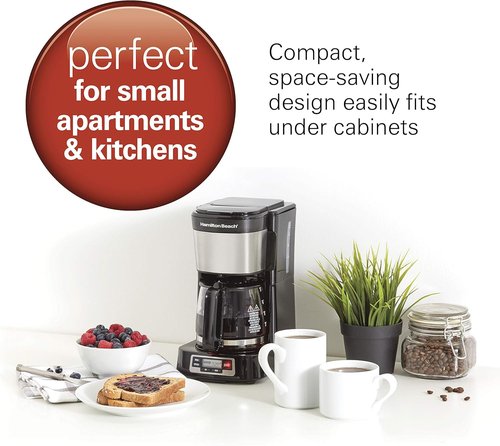 Hamilton Beach 5 Cup Drip Coffee Maker - Compact Design, Programmable Clock, Auto Pause & Pour, Black & Stainless Steel