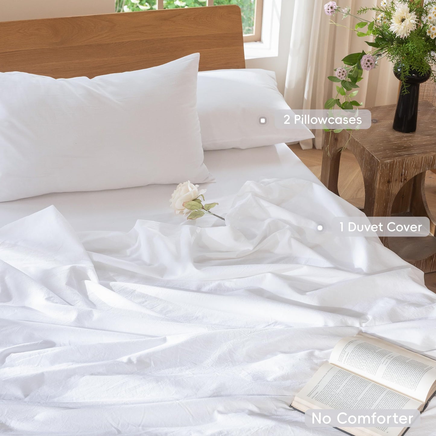 MooMee Bedding Duvet Cover Set 100% Washed Cotton Linen Like Textured Breathable Durable Soft Comfy (Solid Bright White, Queen 90"x90")